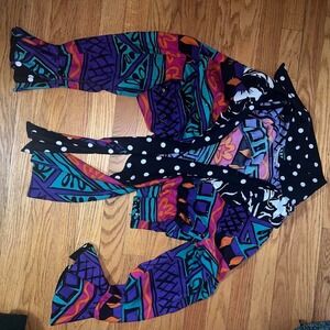 Vintage‎ Abstract Print Blouse Black Polka Dot Tie Bell Sleeve Top